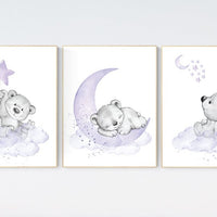 Nursery decor girl purple, nursery decor bear, teddy bear nursery, lilac nursery print, lavender, baby room decor, nursery wall art animals