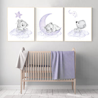Nursery decor girl purple, nursery decor bear, teddy bear nursery, lilac nursery print, lavender, baby room decor, nursery wall art animals