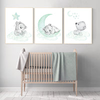 Nursery wall art animals, Nursery wall art mint and gray, baby room decor mint and gray, woodland, jungle, elephant, giraffe, bear, prints