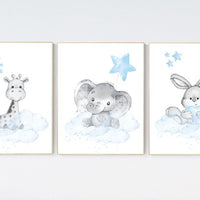 Nursery decor elephant and giraffe, animal nursery prints, blue grey nursery, blue nursery, baby room wall art, woodland animal prints