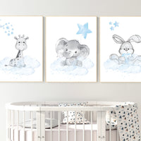 Nursery decor elephant and giraffe, animal nursery prints, blue grey nursery, blue nursery, baby room wall art, woodland animal prints