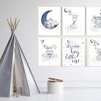 Nursery decor boy animals, nursery wall art boy, moon and stars, navy blue, animal prints for nursery, navy blue nursery, set of 6 prints
