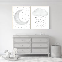Grey nursery decor, gray nursery decor, moon and cloud nursery decor, grey, moon and stars nursery, gender neutral nursery wall art