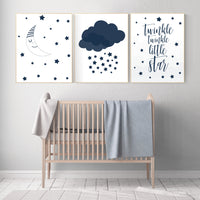 Navy blue nursery prints, baby room decor boy, Nursery wall art, boys room, moon and stars, twinkle twinkle little star, moon nursery
