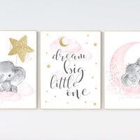 Nursery wall art girl elephant, pink gold nursery, dream big little one, cloud and stars, girl nursery wall decor, set of 3 prints, animals
