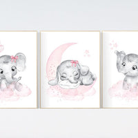 Nursery wall art girl elephant, pink and grey, nursery decor girl pink, moon, stars, nursery prints, baby room decor, girl nursery, animals