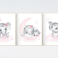 Nursery wall art girl elephant, pink and grey, nursery decor girl pink, moon, stars, nursery prints, baby room decor, girl nursery, animals