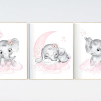 Elephant nursery wall art, Nursery decor girl, nursery decor girl pink, pink nursery, we love you to the moon and back, cloud and stars