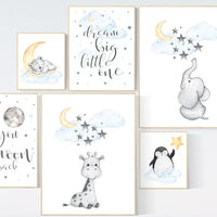 Gender neutral nursery decor, blue yellow, giraffe, elephant, bear, penguin, animal nursery print set, nursery wall art, twin nursery decor
