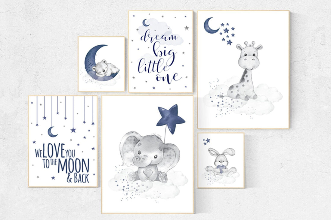 Nursery decor boy elephant, giraffe, boy nursery decor, moon and stars, navy nursery, boy nursery wall art, we love you to the moon and back