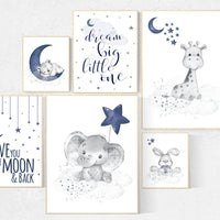 Nursery decor boy elephant, giraffe, boy nursery decor, moon and stars, navy nursery, boy nursery wall art, we love you to the moon and back