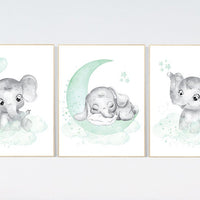 Elephant nursery art, elephant nursery print, mint nursery decor, moon and stars, baby room wall art, gender neutral, aqua, mint green