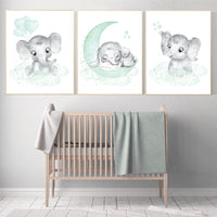 Elephant nursery art, elephant nursery print, mint nursery decor, moon and stars, baby room wall art, gender neutral, aqua, mint green