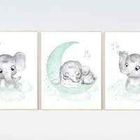 Elephant nursery art, elephant nursery print, mint nursery decor, baby room wall art, gender neutral, aqua, moon stars, elegant, mint green