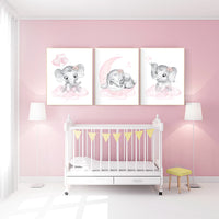 Nursery wall art girl elephant, pink and grey, nursery decor girl pink, moon, stars, nursery prints, baby room decor, girl nursery, animals