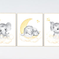 Yellow nursery wall art, nursery wall art elephant, moon and stars, gender neutral, yellow and gray nursery art, baby room decor, neutral