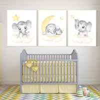 Yellow nursery wall art, nursery wall art elephant, moon and stars, gender neutral, yellow and gray nursery art, baby room decor, neutral