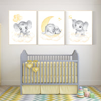 Nursery wall art neutral, nursery wall art elephant, moon and stars, gender neutral, baby room decor, elephant balloon, yellow grey, elegant