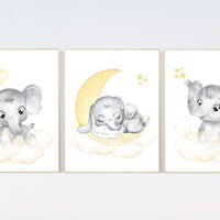 Nursery wall art neutral, nursery wall art elephant, moon and stars, gender neutral, baby room decor, elephant balloon, yellow grey, elegant
