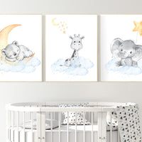 Animal nursery, gender neutral, blue yellow, moon and stars, elephant and giraffe nursery, bear, teddy bear, nursery decor twins, woodland