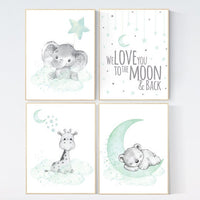 Nursery decor elephant, giraffe, bear, nursery wall art gender neutral, Mint nursery decor, nursery decor twins, mint green nursery prints
