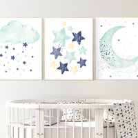 Navy teal yellow nursery decor, cloud and stars, moon and stars, navy and mint nursery art. baby room wall art, boy nursery decor, twins