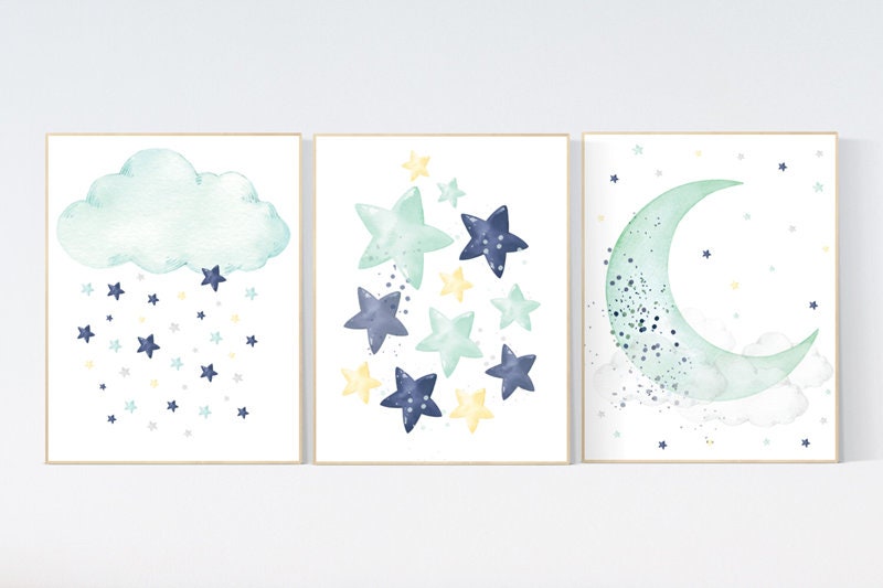 Navy teal yellow nursery decor, cloud and stars, moon and stars, navy and mint nursery art. baby room wall art, boy nursery decor, twins