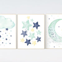 Navy teal yellow nursery decor, cloud and stars, moon and stars, navy and mint nursery art. baby room wall art, boy nursery decor, twins