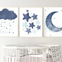 Navy mint nursery decor, cloud and stars, moon and stars, navy teal nursery art. baby room wall art, boy nursery decor, set of 3, navy aqua