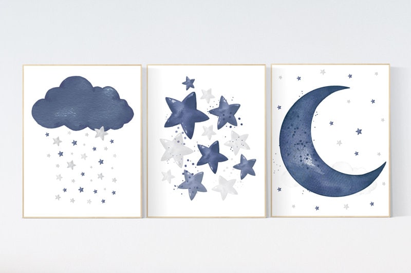 Navy nursery decor boy, navy blue nursery art. baby room wall art, boy nursery decor, set of 3, navy gray, cloud and stars, moon and stars