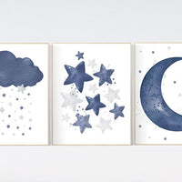 Navy nursery decor, cloud and stars, moon and stars, navy blue nursery art. baby room wall art, boy nursery decor, set of 3, navy gray