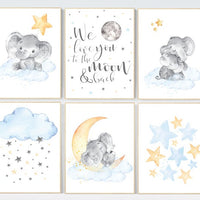 Nursery wall art elephant, nursery decor moon and stars, cloud nursery decor, gender neutral nursery print set, blue yellow, moon and back