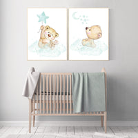 Nursery wall art bear, nursery decor animals, nursery decor woodland, nursery prints mint, teddy bear, mint green nursery