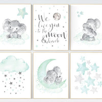 Nursery decor mint and grey, nursery wall art neutral, moon and stars, mint green, nursery elephant prints, nursery decor neutral, animals