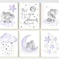 Nursery decor girl lavender, purple nursery wall art, elephant nursery decor, nursery prints animals, nursery prints set, moon and stars