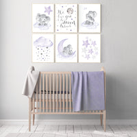 Nursery decor girl lavender, purple nursery wall art, elephant nursery decor, nursery prints animals, nursery prints set, moon and stars