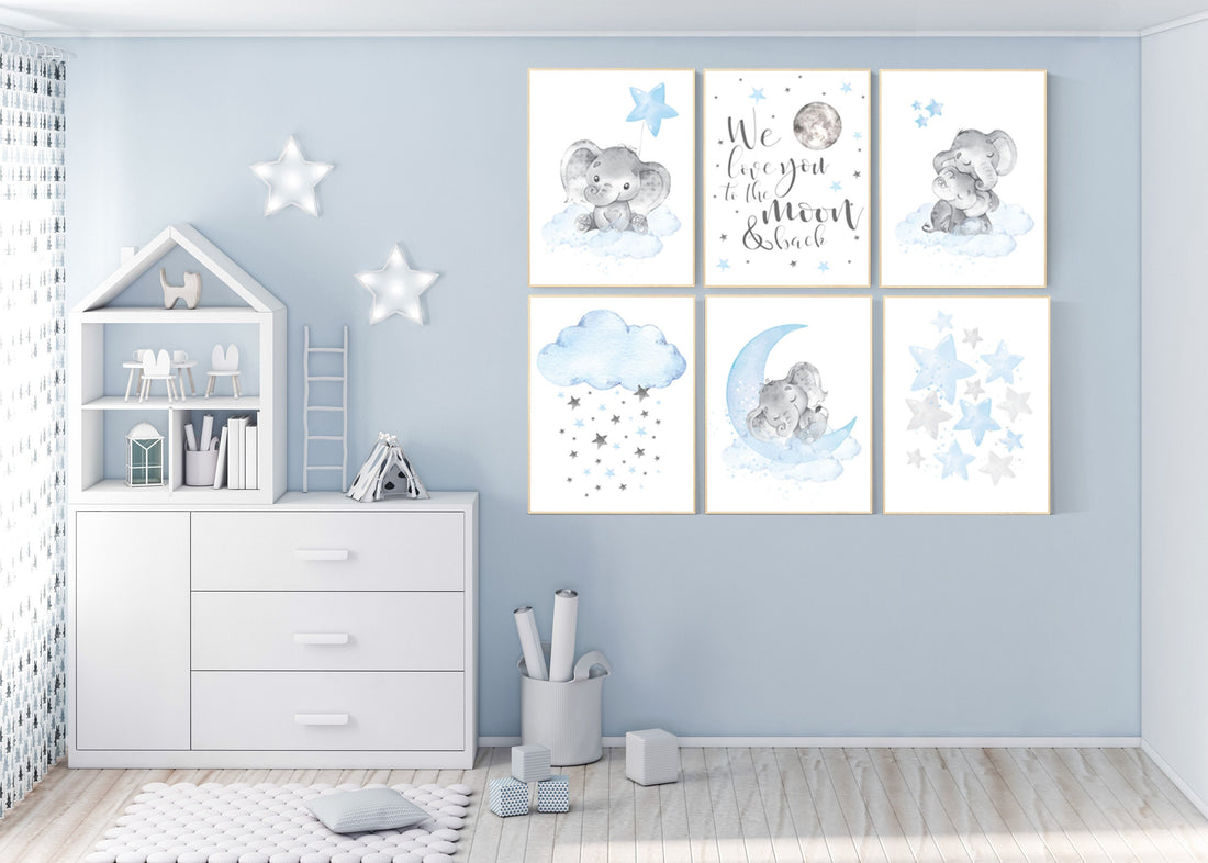 Nursery decor boy elephant, we love you to the moon and back, Blue and gray, moon and stars. nursery wall art boy elephant, baby blue, stars
