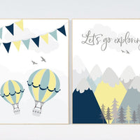 Nursery decor boy mountains adventure, let's go exploring, nursery decor boy airplane, world map nursery, hot air balloon nursery wall art
