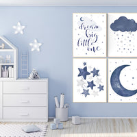 Nursery decor boy, navy nursery wall art boy, moon and stars, navy blue, dream big little one, navy nursery set, star nursery, baby room art