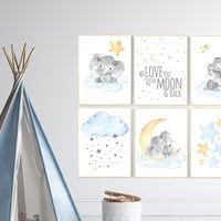 Nursery wall art elephant, nursery decor moon and stars, cloud nursery decor, gender neutral nursery print set, blue yellow, moon and back