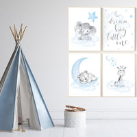 Nursery decor boy elephant, animal nursery, baby blue, bear nursery, giraffe baby room wall art, baby bear, elegant, moon and stars nursery