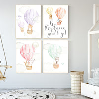 Nursery decor animals, hot air balloon, baby wall art, giraffe, bear, bunny, lion, gender neutral, twin nursery, woodland nursery, elegant