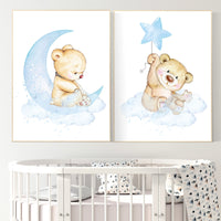Nursery wall art bear, nursery decor animals, nursery decor woodland, nursery prints blue, teddy bear, baby blue, baby bear nursery