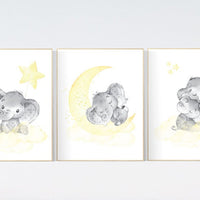 Yellow nursery wall art, elephant nursery wall decor, gender neutral, yellow gray, yellow grey, neutral nursery, baby room wall art, moon