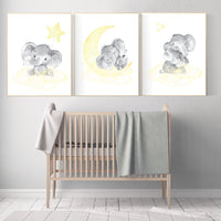 Yellow nursery wall art, elephant nursery wall decor, gender neutral, yellow gray, yellow grey, neutral nursery, baby room wall art, moon