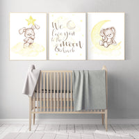 Nursery decor bunny, yellow nursery, rabbit nursery, yellow nursery, we love you to the moon and back, gender neutral, bunny nursery art