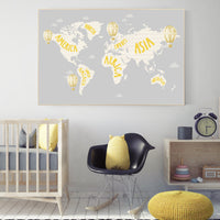 World map nursery, World map wall art, gender neutral nursery, yellow grey, yellow and grey, nursery wall art map, map print world, travel
