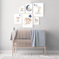 Nursery decor boy animals, moon and stars, navy blue, animal prints for nursery, navy blue nursery, elephant, bear, koala, lion, giraffe