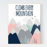 Climb every mountain wall art, mountain nursery decor, mountain nursery art, coral navy nursery, navy mint, adventure nursery, mountain