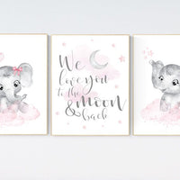 Nursery wall art girl elephant, pink and gray nursery, we love you to the moon and back, pink nursery art, moon and stars, baby room decor